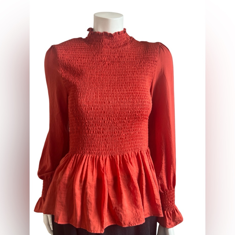 Flawless Burnt Orange Shirred Ruffle High Neck  Long Sleeves Blouse Size Small